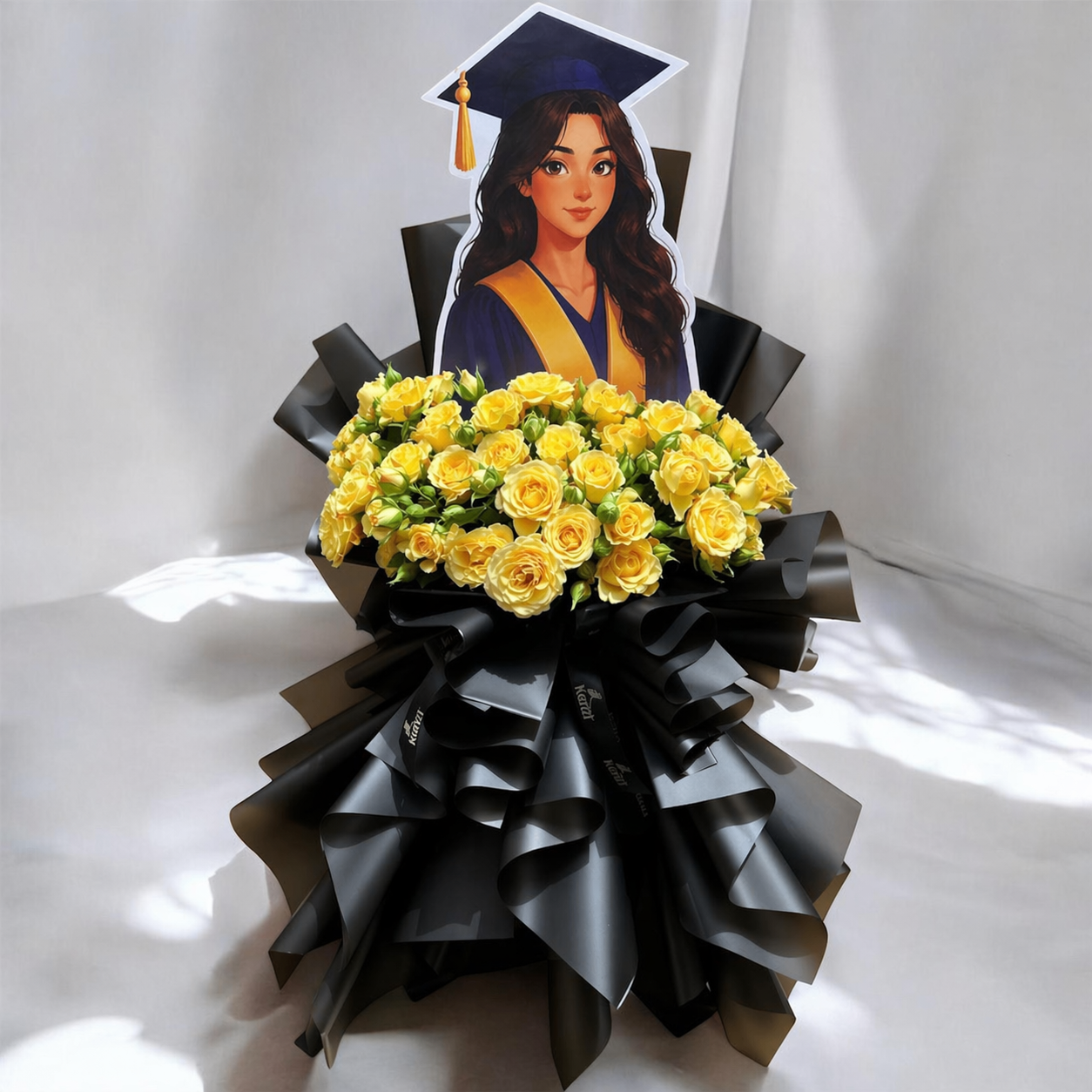 462a9934-17a6-4b56-8649-93ccf97af44c Graduation Yellow Baby Roses Bouquet with Custom Topper - Image 1