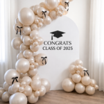 Graduation Balloon Backdrop – Elegant Champagne & White Arch