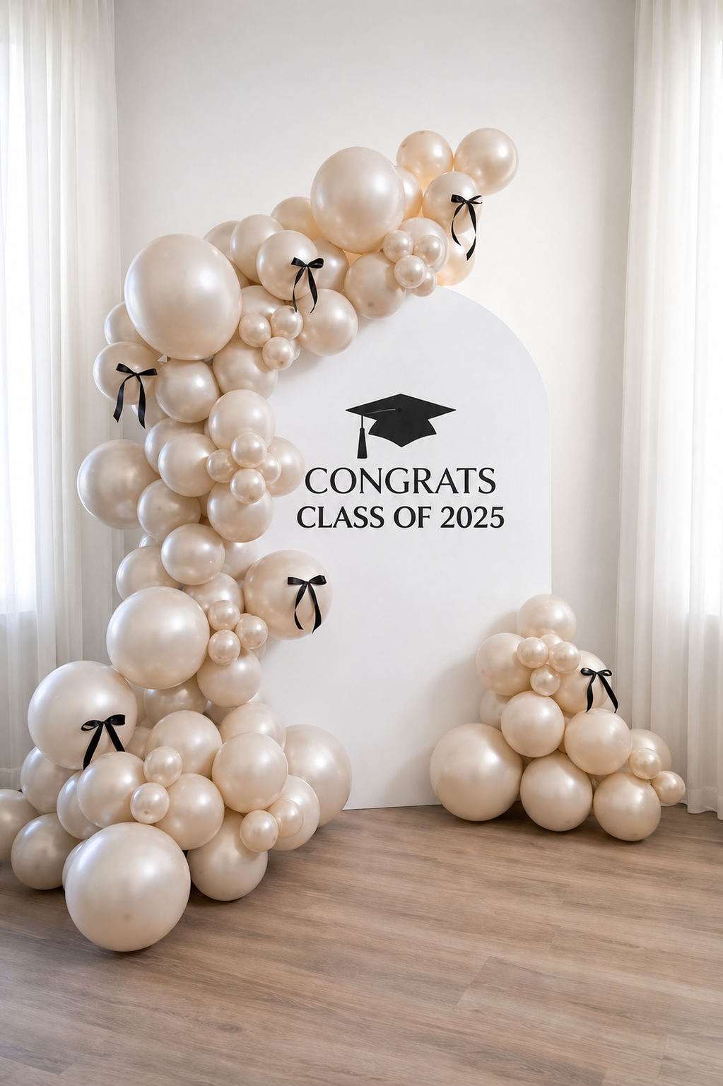 daf2a04f-5b8f-4257-b85f-f2b20c2b4916 Graduation Balloon Backdrop – Elegant Champagne & White Arch - Image 1