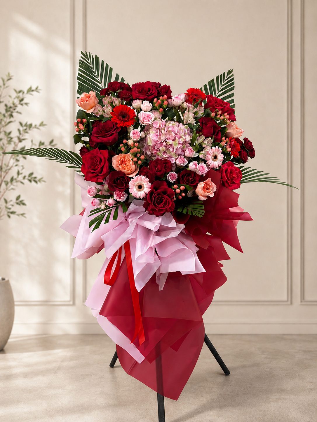 1b0dc3d4-38c8-4337-b14a-64d110938044 Luxury Congratulations Flower Stand – Red & Pink - Image 1